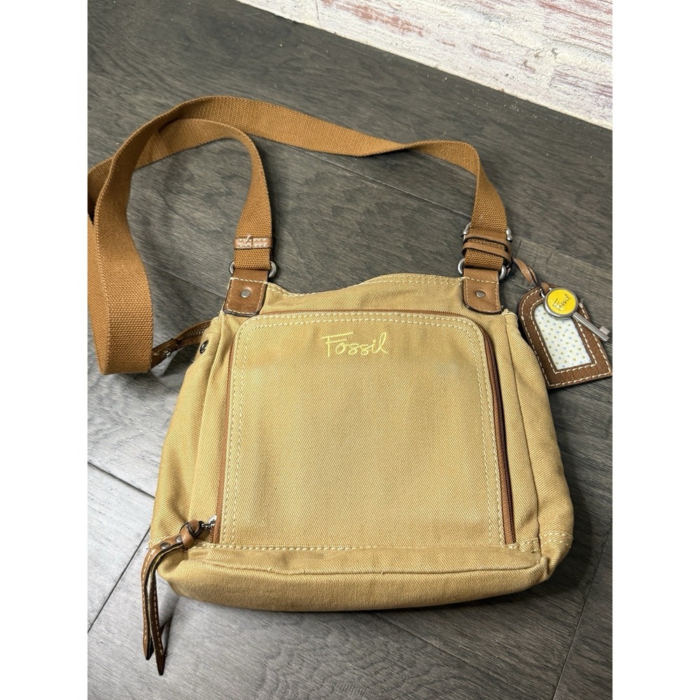 Fossil Canvas Crossbody Shoulder Bag Purse Organizer Leather Trim Adjustable - Picture 1 of 7